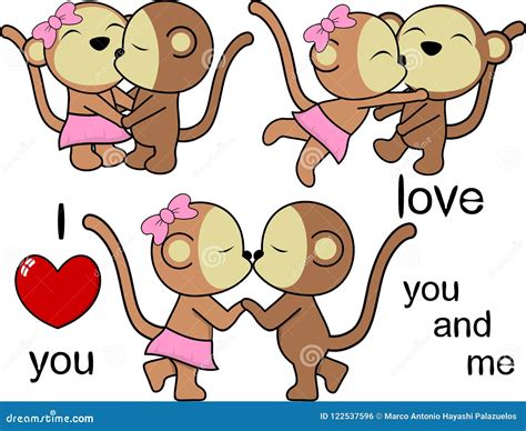 Lovely Cute Monkey Kissing Cartoon Love Valentine Set Stock Vector
