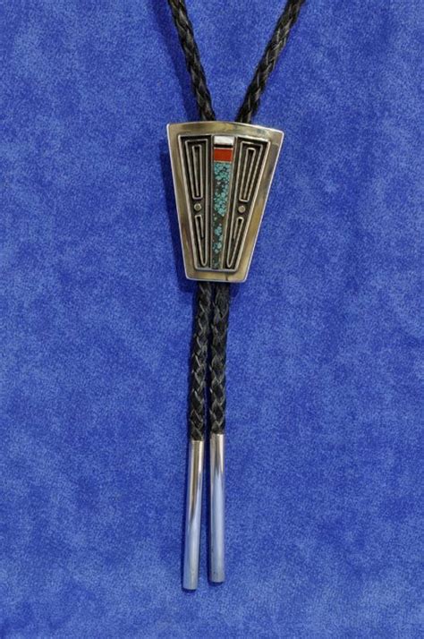 120404 07 Navajo Bolo Tie Turquoise And Coral Inlay In Sterling Silver