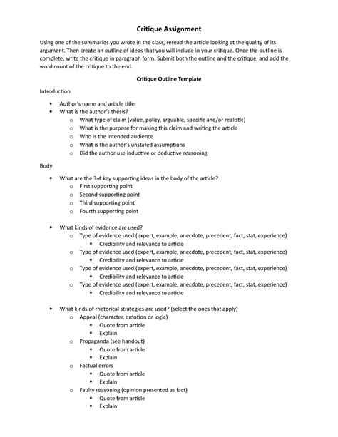 Critique Outline Template Critique Assignment Using One Of The