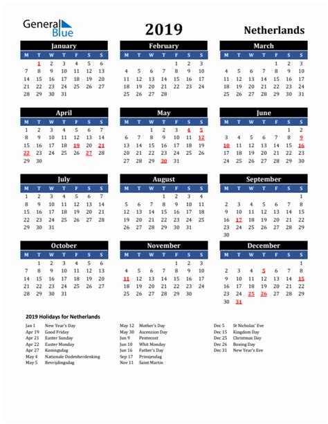 2019 Netherlands Calendar With Holidays