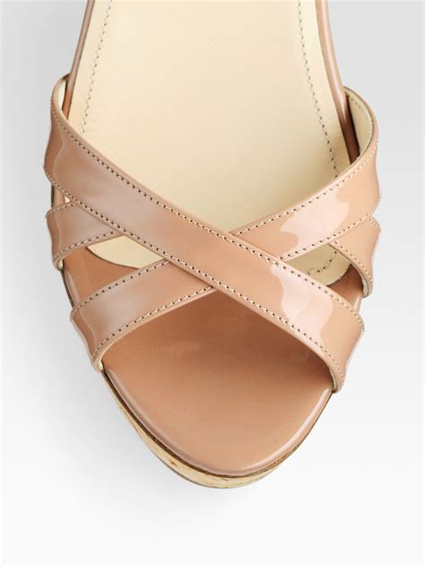 Lyst Prada Patent Leather And Cork Ankle Strap Wedge Sandals In Natural