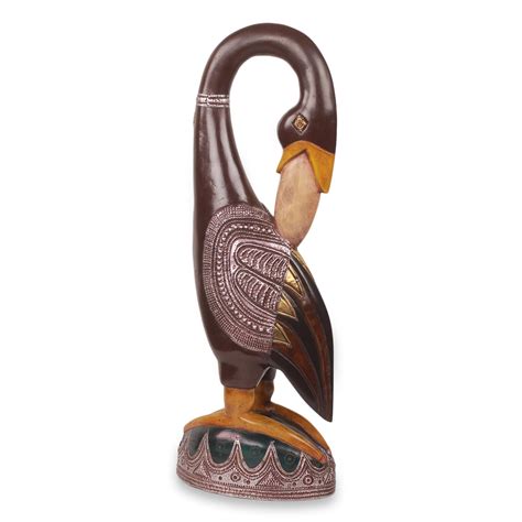 Hand Carved African Wood Bird Sculpture With Repousse Brown Ashanti