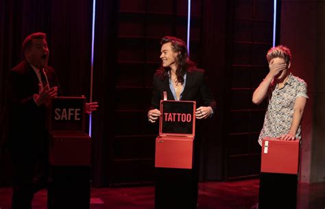 His knee tattoos were out in full force (picture: One Direction play Tattoo Roulette with James Corden on ...