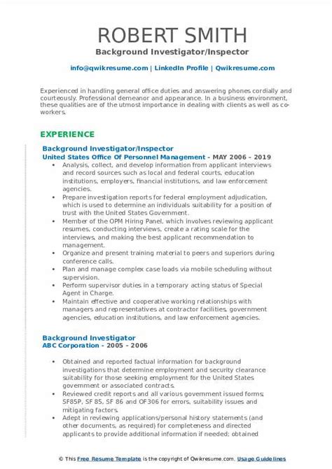 Here are two strong example answers for tell me about your educational background. example 1: Background Investigator Resume Samples | QwikResume