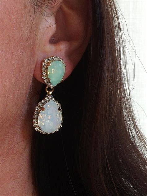 White Opal Mint Chandelier Earringsopal Bridal Earringsmint Etsy Israel
