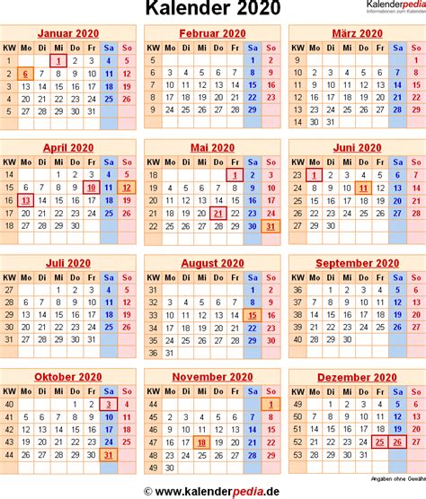 Kalender 2020 Mit Excelpdfword Vorlagen Feiertagen Ferien Kw