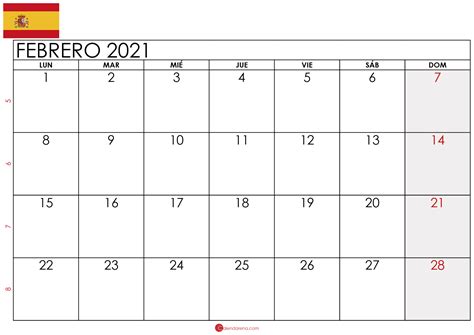 Calendario Febrero 2021 España 🇪🇸 Para Imprimir