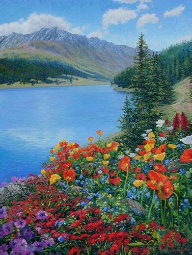 A Mountain Lake Scene Of Overabudant Blooming Flowers And Cloudy Blue