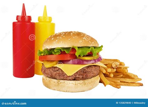 Cheeseburger French Fries Ketchup And Mustard Bottle Stock Photo