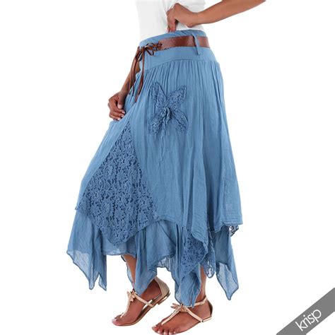 Womens Lace Layered Hitched Maxi Skirt A Line Gypsy Boho Long Asymmetric Summer Ebay