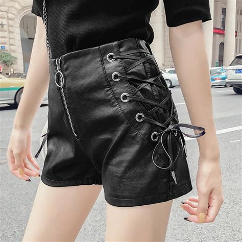 sexy women shorts feminino autumn black bandage lace up high waist slim leather shorts sweet