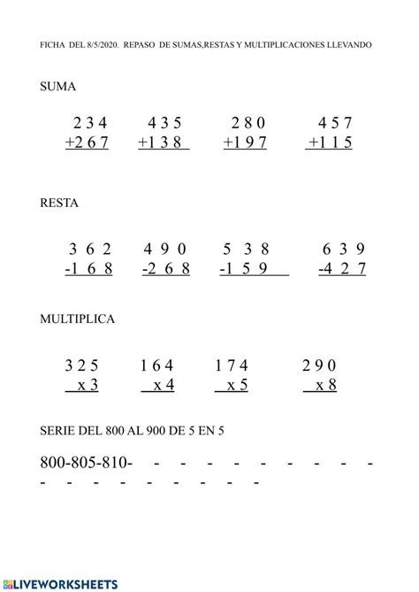 Ficha De Sumas Restas Y Multiplicaciones En Matem Ticas De