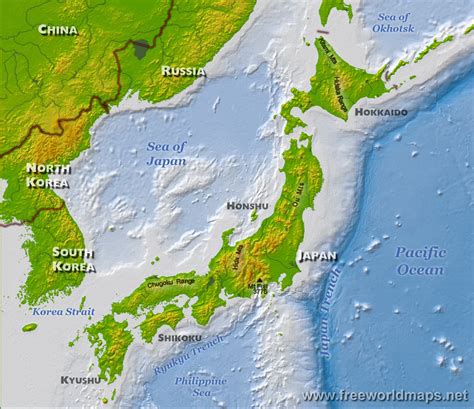 Physical map illustrates the mountains, lowlands, oceans, lakes and rivers and other physical landscape features of japan. Maps Page