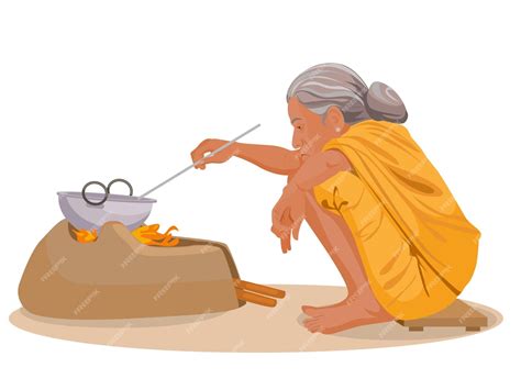 Premium Vector Indian Old Woman Making Or Cooking Food In An Ancient