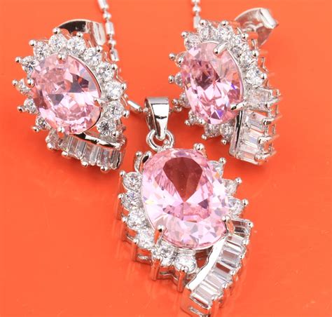 Romantic Pink White Zircon 925 Sterling Silver Necklace Earring Pendant