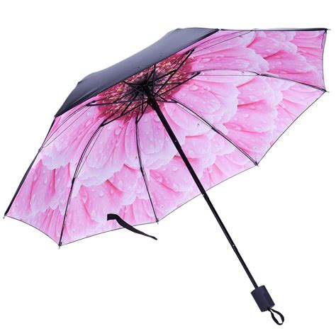 Three Fold Sun Rain Umbrellas Woman Flower Printing Black Shading