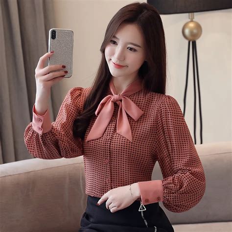 Womens Tops And Blouses Long Sleeve Women Shirts Fashion Bow Collor Office Blouse Women Plaid