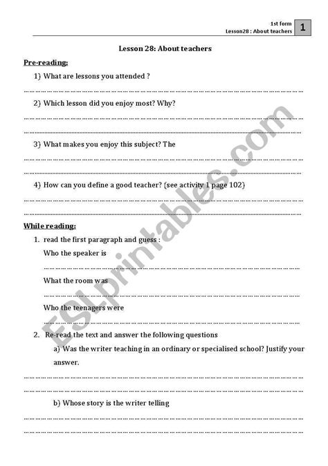 Lesson28 About Teachers 1st Form Tunisia Esl Worksheet By