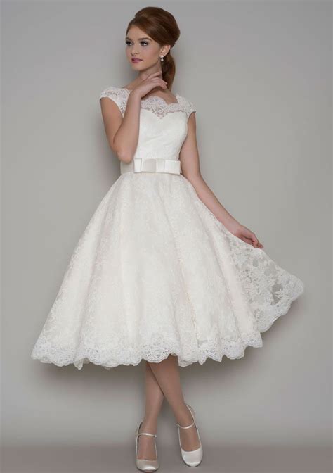 Ivory Lace Tea Length Cap Sleeve Wedding Dress Vestidos De Novia