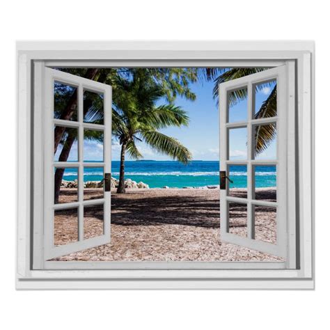 Fake Window With Palm Trees On Beach Ocean View Poster Fake Window