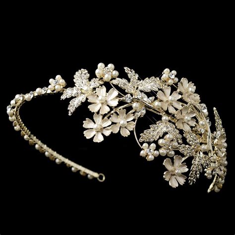 Lt Gold Champagne Rhinestone And Ivory Pearl Floral Side