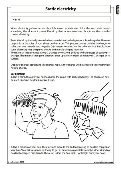 Students come to understand static electricity by learning about the nature of electric charge, and (answer: Static Electricity - Natural Science Worksheet (Grade 6 ...