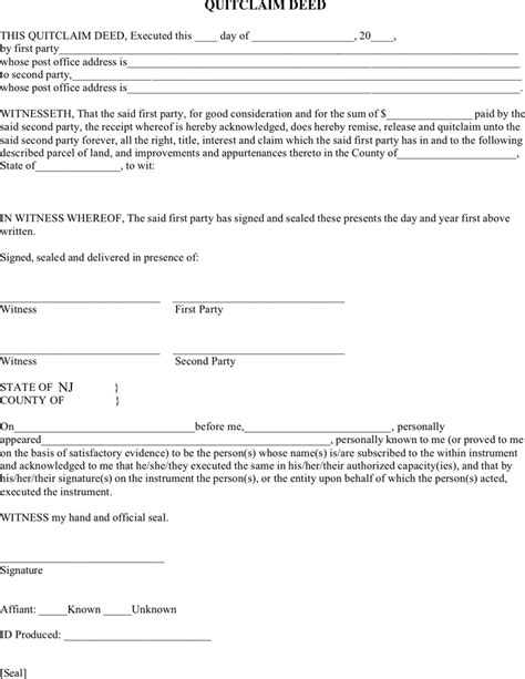 Free New Jersey Quitclaim Deed Form Pdf 83kb 1 Pages