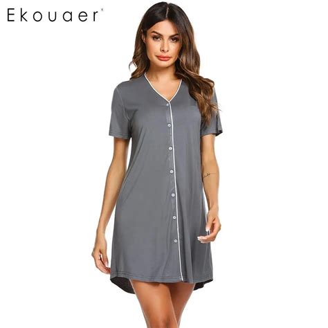 Ekouaer Sleepshirts Nightgown Women Summer Sleepwear V Neck Short