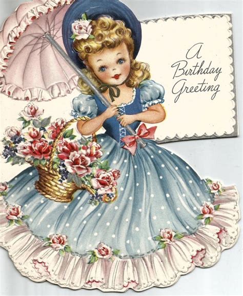 These are the perfect option to accompany a gift or to write a sweet and heartfelt message within. Vintage birthday greeting card little girl blue gown digital