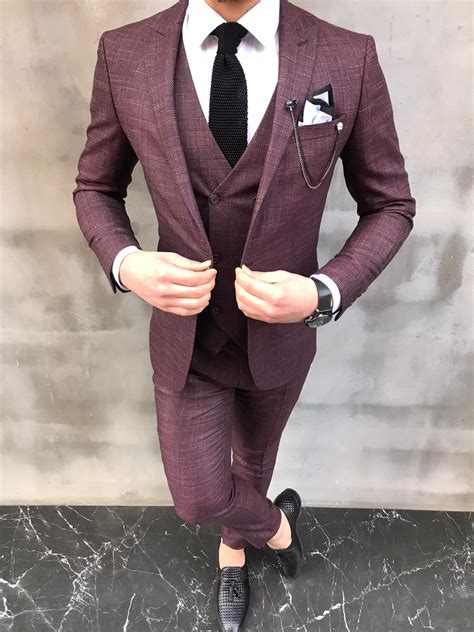 Crofton Burgundy Slim Fit Crosshatch Suit Bespoke Daily