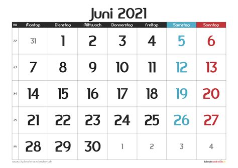 Kalender Zum Ausdrucken Monat Juni 2021 Kalender Juni 2021