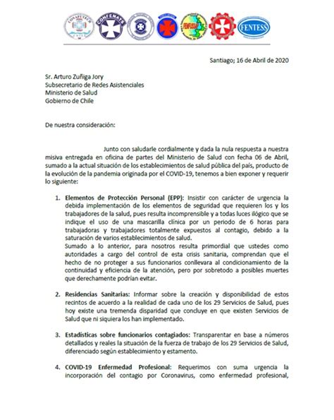 Carta Dirigida Al Ministerio De Salud 16 De Abril 2020