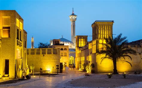 Historic Bastakiya Quarter At Night In Dubai United Arab Emirates
