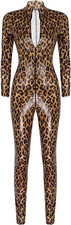 Yeahdor Damen Leopard Body Wetlook Ganzkörperanzug Einteiler Erotik