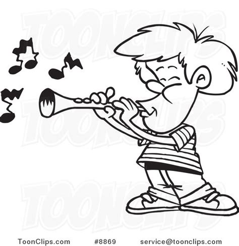 Cartoon Black And White Line Drawing Of A Boy Playing A Clarinet 8869