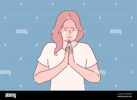 Religion Praying Begging Concept Young Unhappy Desperate Woman Or Girl Cartoon Character