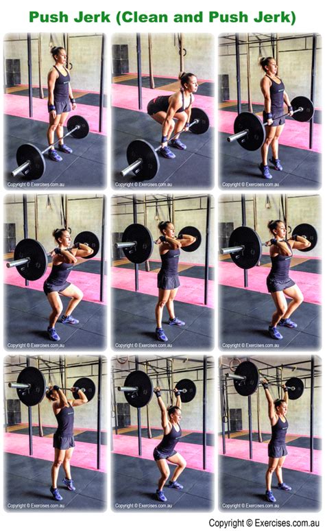 Clean and jerk is a free weights and total body exercise that primarily targets the quads and to a lesser degree also targets the biceps, calves, chest, forearms, glutes, groin, hamstrings, hip flexors, lats, lower back, middle back, neck, obliques, outer thighs, shoulders, traps and triceps. Push Jerk