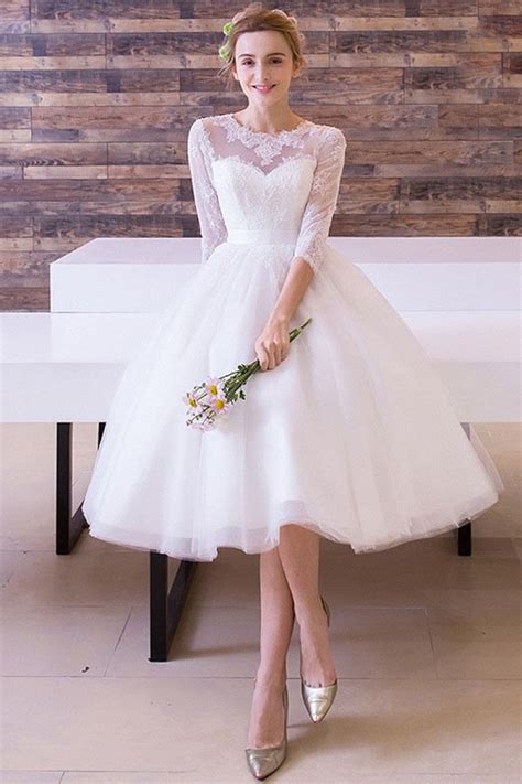 A Lineprincess 34 Sleeves Tea Length Bridal Wedding Dresses Okeydress