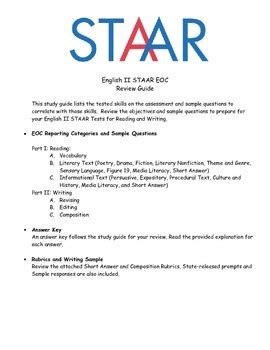 You can only interpret a raw score as a particular set of test questions. English II STAAR EOC Student Review Study Guide | TpT