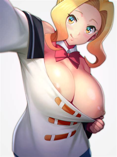 rule 34 1girls bajima shouhei blonde hair bowtie breasts breasts out clothed clothes pull