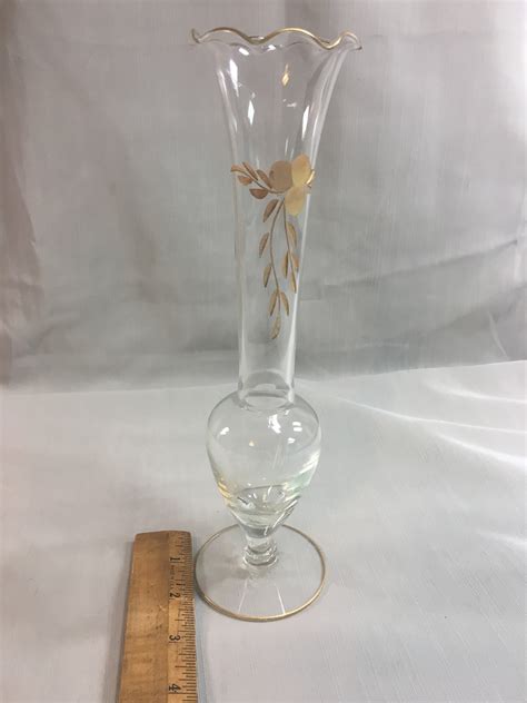Vintage Clear Glass Bud Vase With Gold Flower And Leaves And Etsy