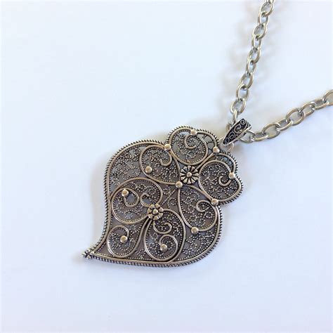 Antique Silver Filigree Pendant Necklace Filigree Leaf Design