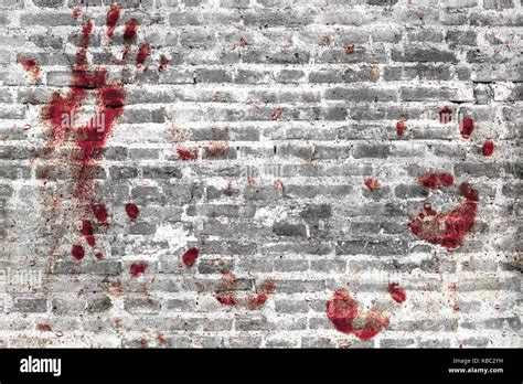Bloody Handprints And Blotches Of Blood On Grunge Wall Background For