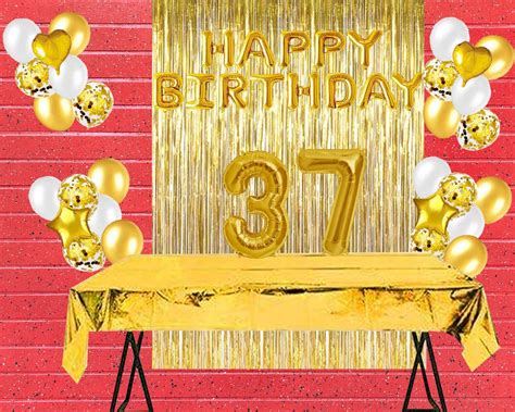 Gold 37th Birthday Celebration Balloon Happy Birthday Banner Backdrop