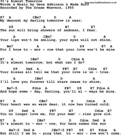 Song Lyrics With Guitar Chords For Its Almost Tomorrow The Dream