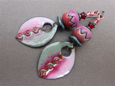 Boho earrings,Ceramic earrings,Tribal earrings,Enamel earrings,Leaf earrings,OOAK earrings,Drop 