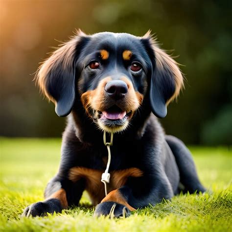 Premium Ai Image A Black And Brown Dog Laying On The Grass With A