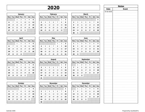 2020 Calendar With Notes Section Printable Printable Word Searches