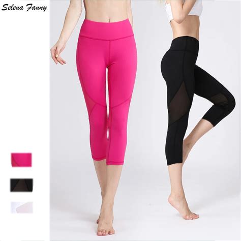 athletic elastic calf length yoga pants solid mesh sexy gym leggings sport high waist women