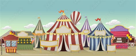 Retro Cartoon Circus With Tents Vintage Carnival Background Stock